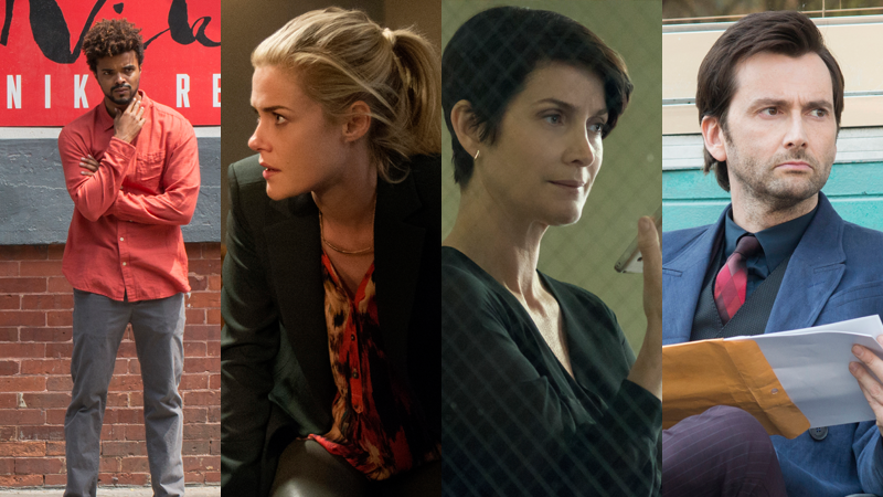 Left to right: Malcolm (Eka Darville), Trish (Rachael Taylor), Hogarth (Carrie-Anne Moss), and Kilgrave (David Tennant).